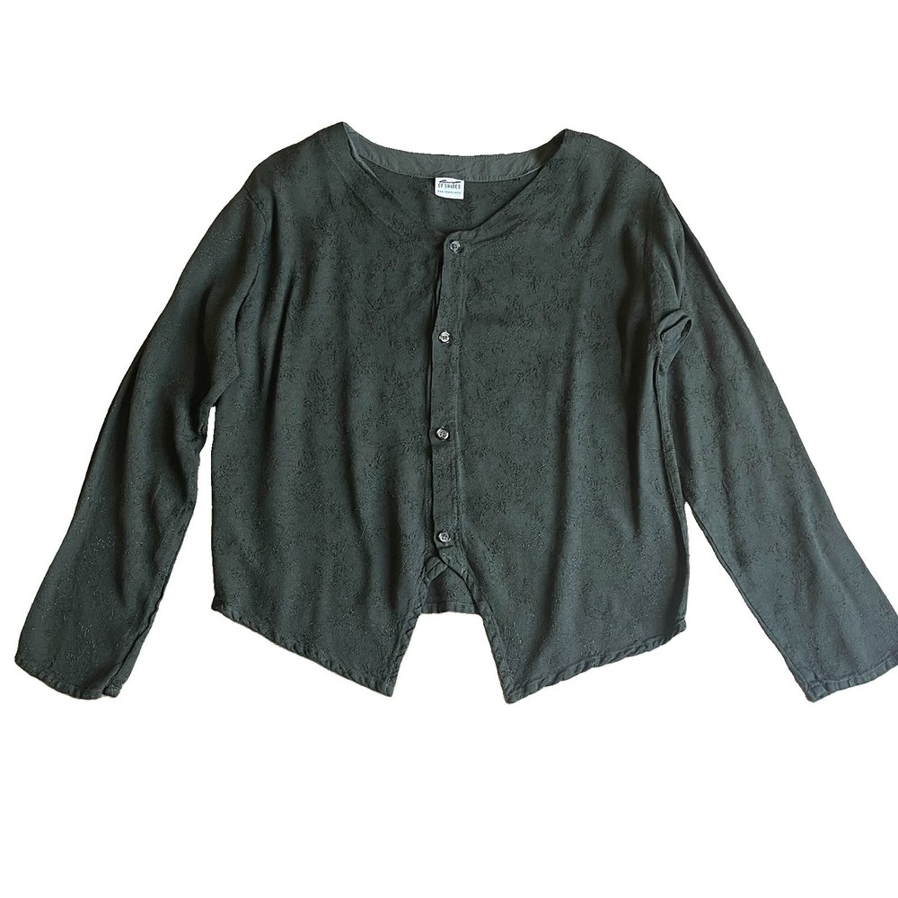 CP Shade Large Jacquard Floral Button Top Green Rayon Point Hem Blouse